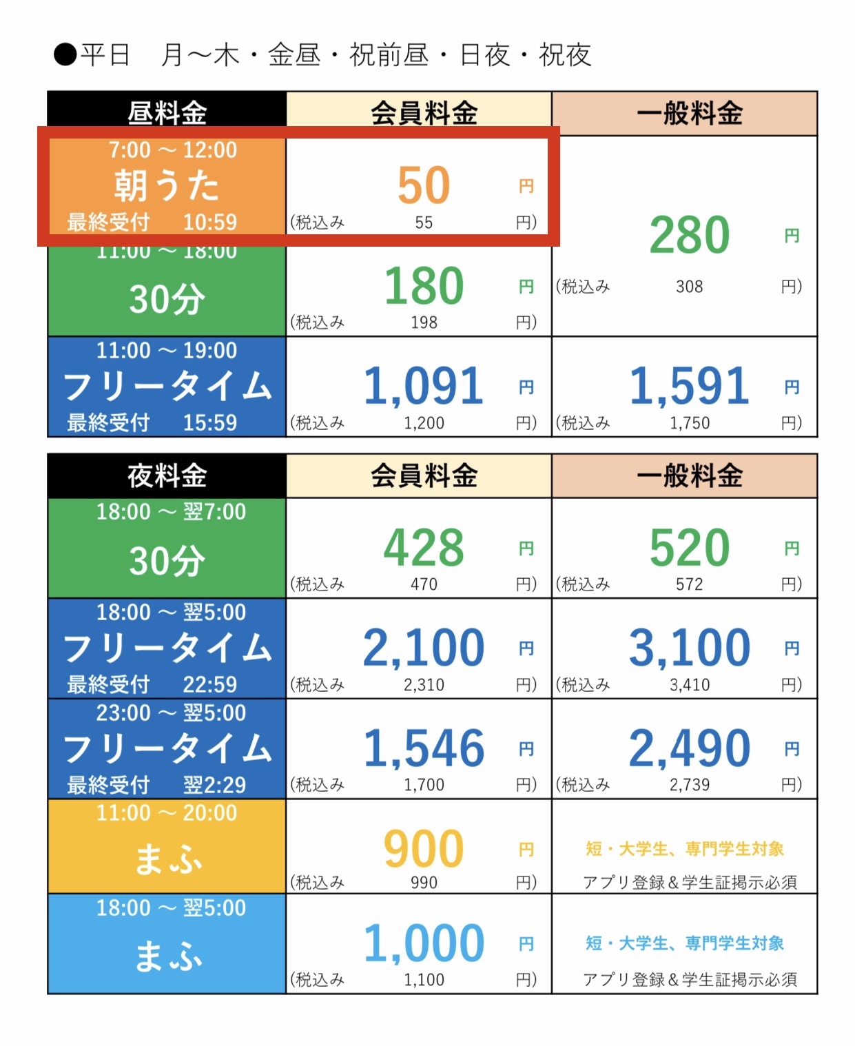 まねきねこの料金表で朝うた料金を確認する画面