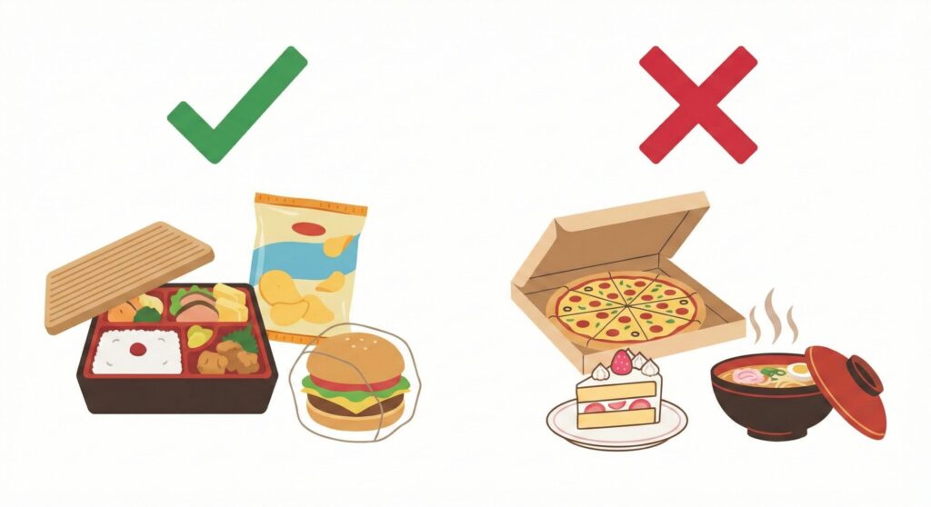 まねきねこの食べ物持ち込みルールを示した図解