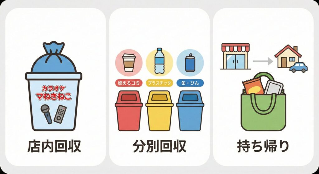 まねきねこの持ち込みゴミ処理の3パターン(回収・分別・持ち帰り)を示した図解