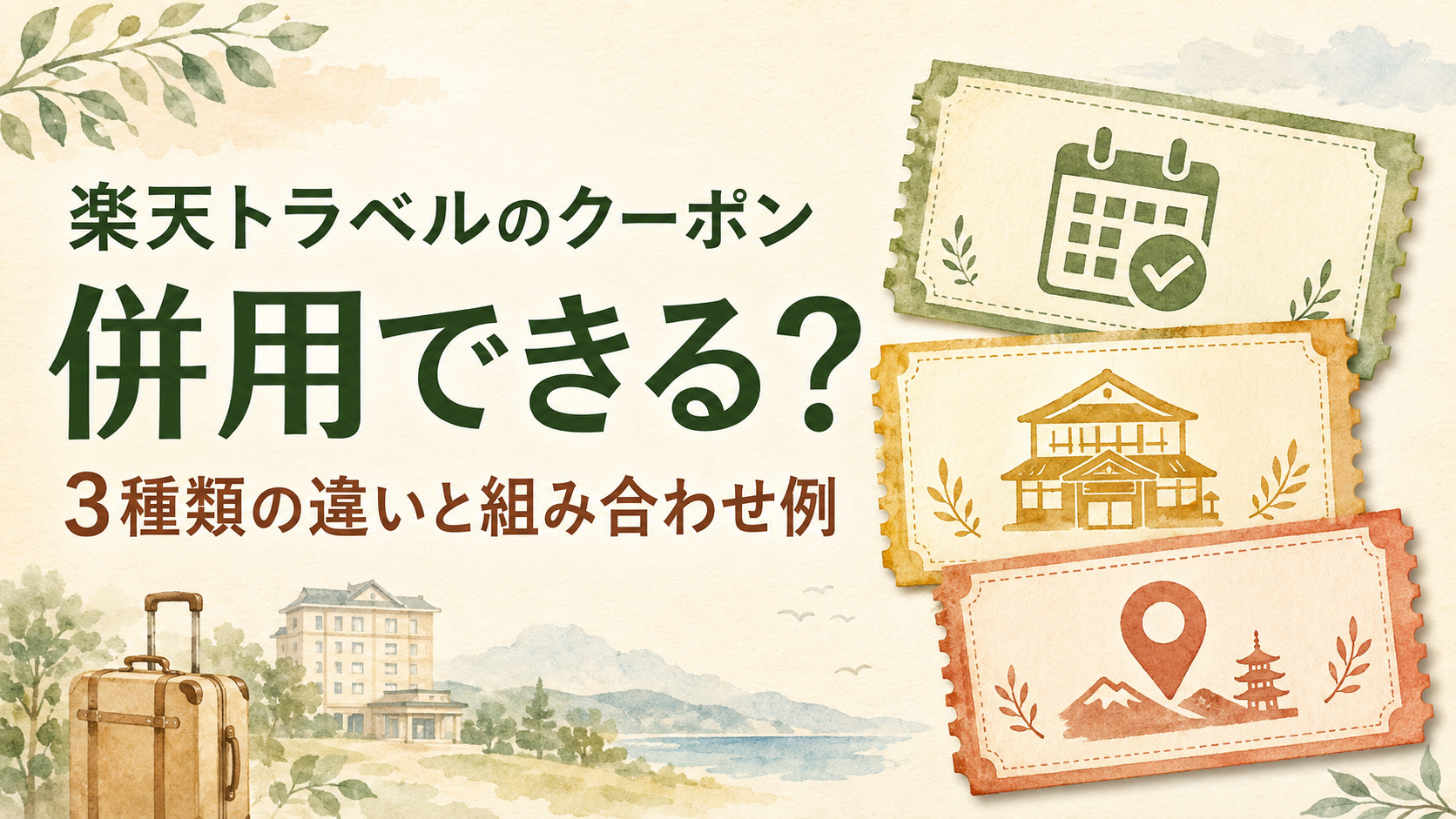 楽天トラベルのクーポン3種類と併用方法を解説するアイキャッチ画像
