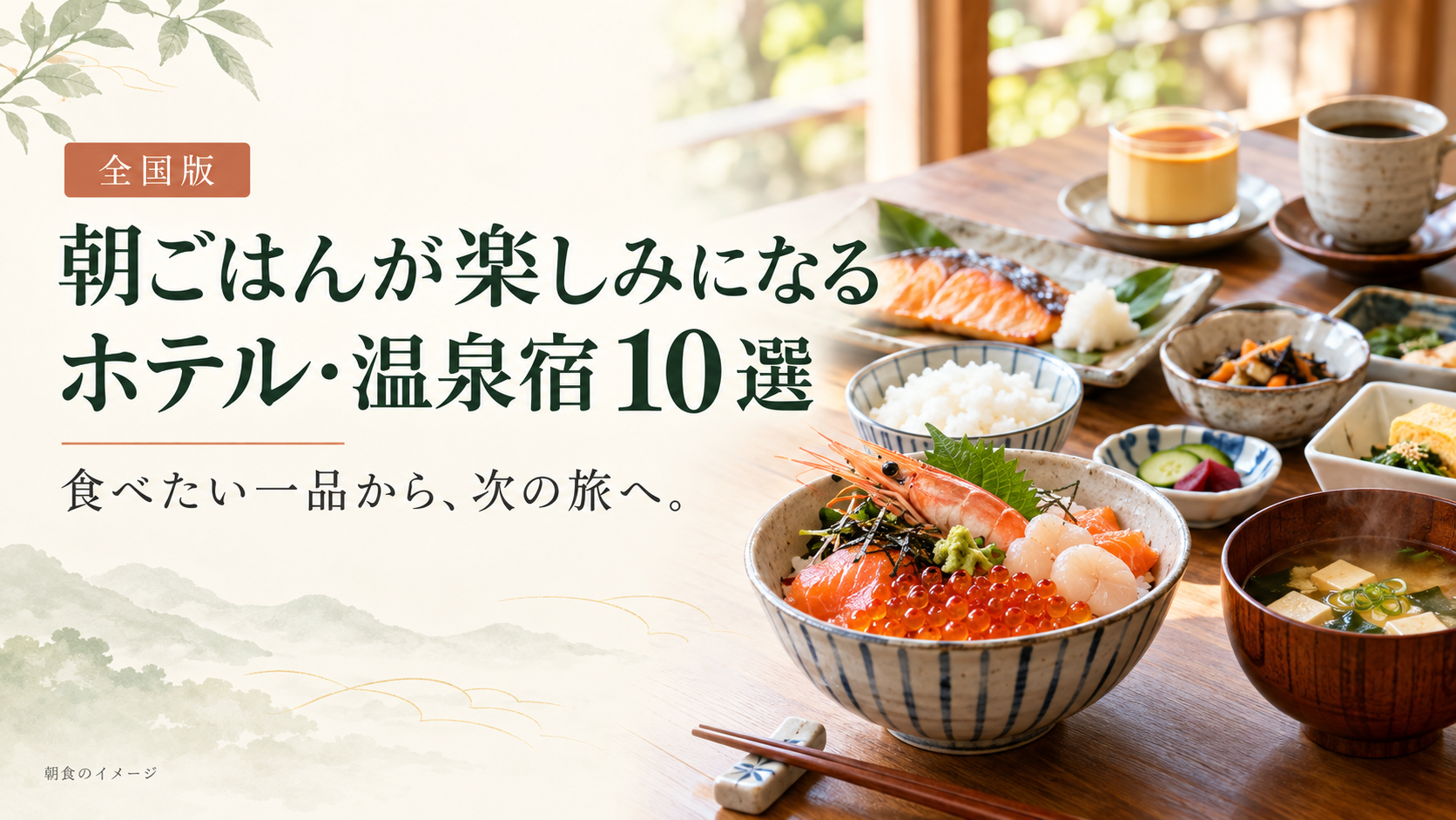 海鮮丼、和朝食、プリンとコーヒーを組み合わせた朝食特集のイメージ画像。実在する宿の朝食写真ではありません。